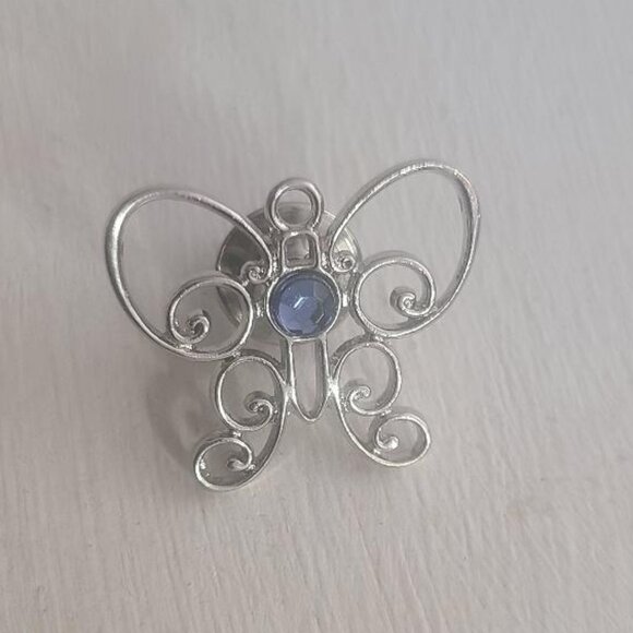 Silver Butterfly Aquamarine Rhinestone Lapel Pin Tie Tack Brooch - Vintage Love - Picture 2 of 4